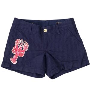 Lilly Pulitzer Callahan Shorts Navy Seersucker Pink Lobster Embroidered Size 2
